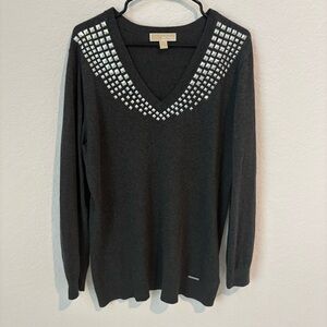 Michael Kors Black V-Neck Sweater with Silver Studs, Size Large